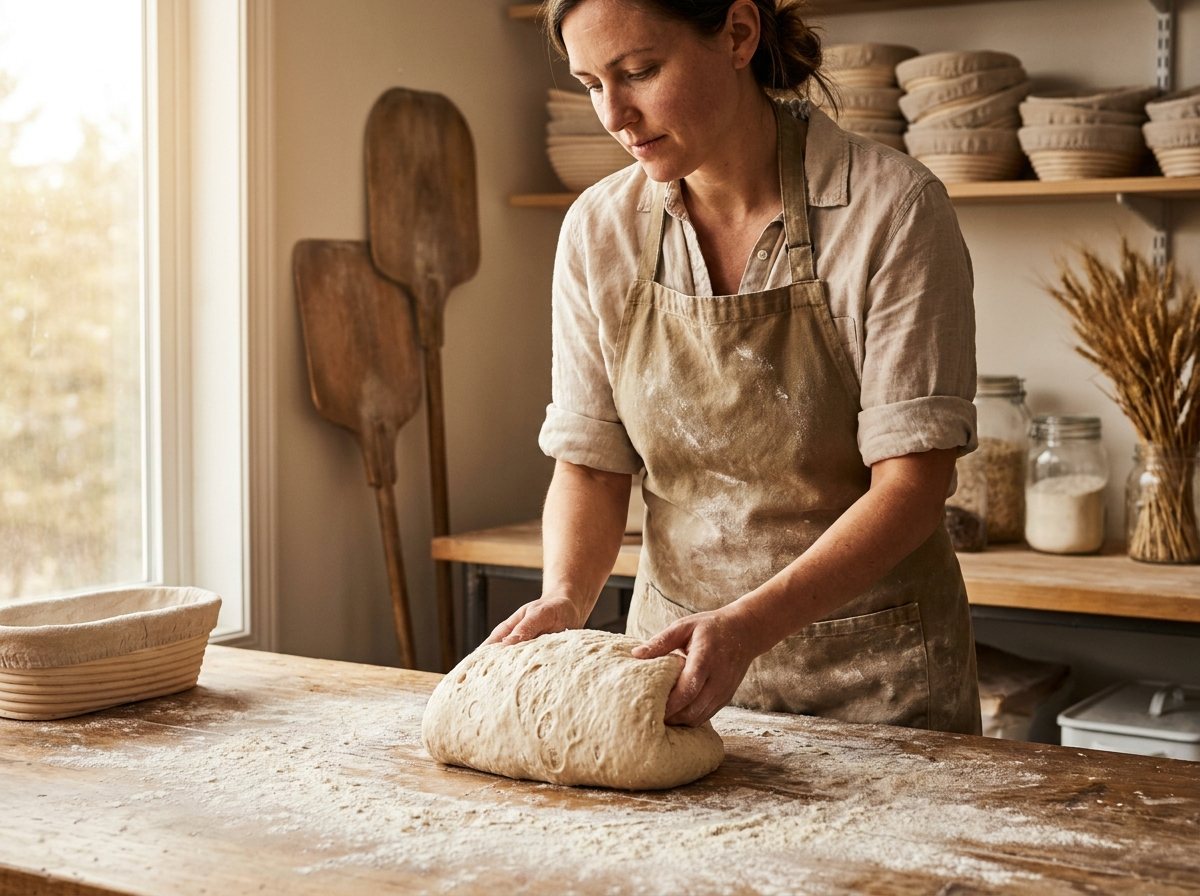 Panadera trabajando masa artesanal en mesa de madera enharinada